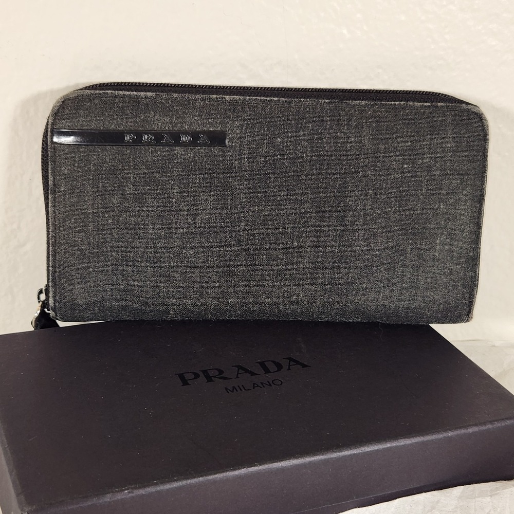 Prada Denim Zip Around Long Wallet Dark Grey Black Canvas Leather Italy Box